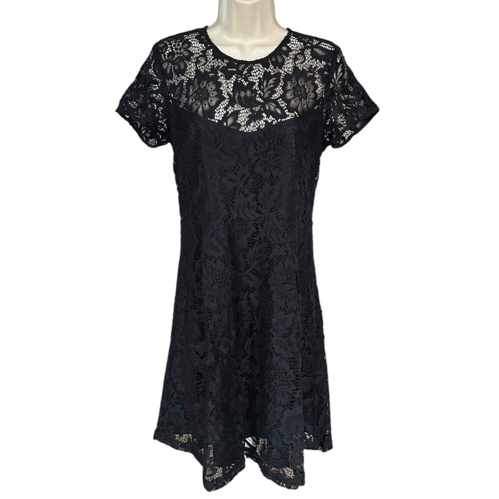 RW & CO. Women's Mini Lace Dress w/ Pockets Short Sleeve Lined Size M Black